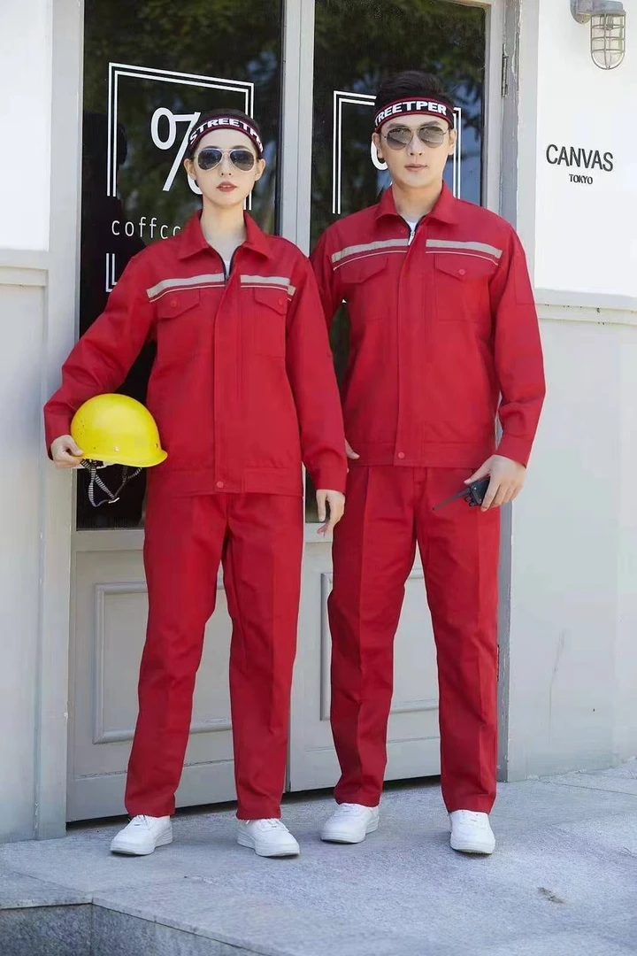夏季防静电工作服长袖工装上衣透气耐磨反光条建筑工地汽修服红色