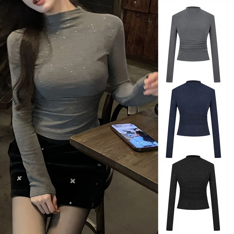 Moses Queen/魔西女王细闪半高领打底衫女秋冬高级感修身掐腰上衣