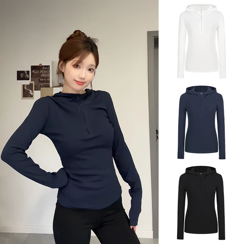 Moses Queen/魔西女王半开领连帽长袖T恤正肩掐腰显瘦打底衫