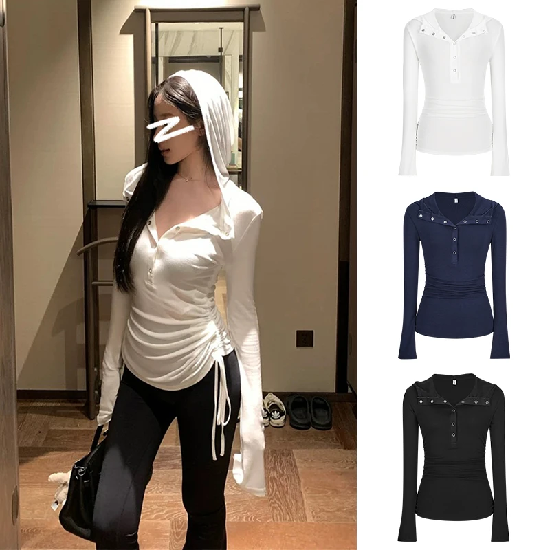 Moses Queen/魔西女王辣妹连帽长袖T恤秋季修身抽绳褶皱打底上衣