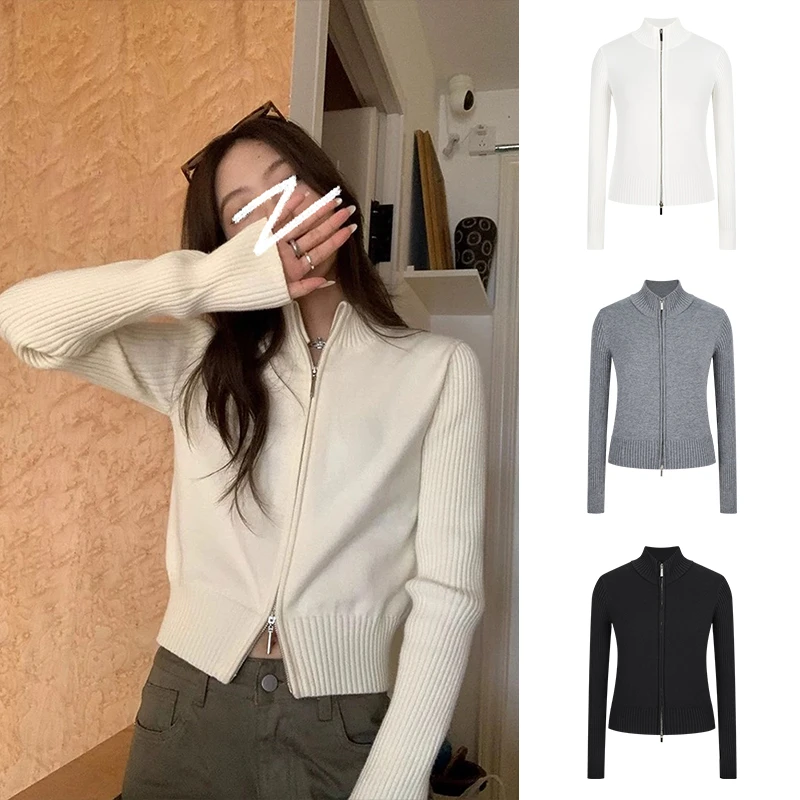 Moses Queen/魔西女王双拉链立领针织开衫宽松百搭气质上衣秋冬