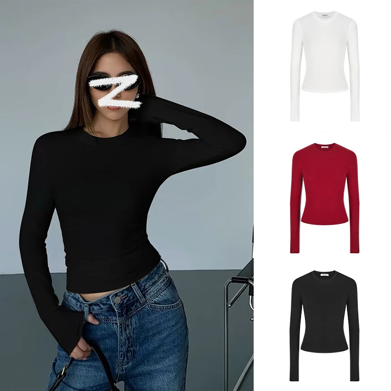 Moses Queen/魔西女王长袖T恤女修身显瘦打底衫纯色圆领上衣62220