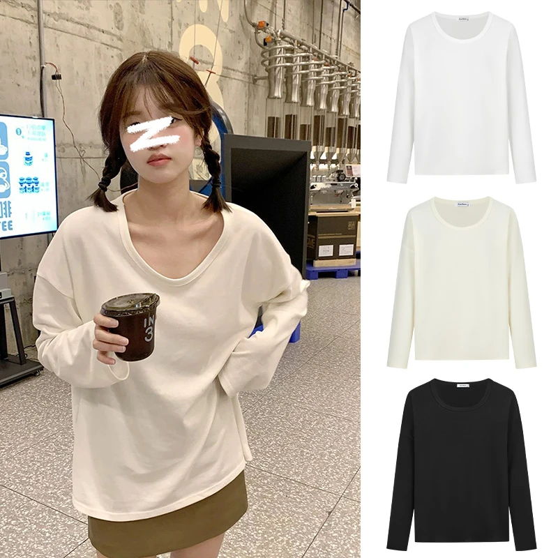 Moses Queen/魔西女王慵懒软糯白色T恤女磨毛大U领宽松长袖上衣