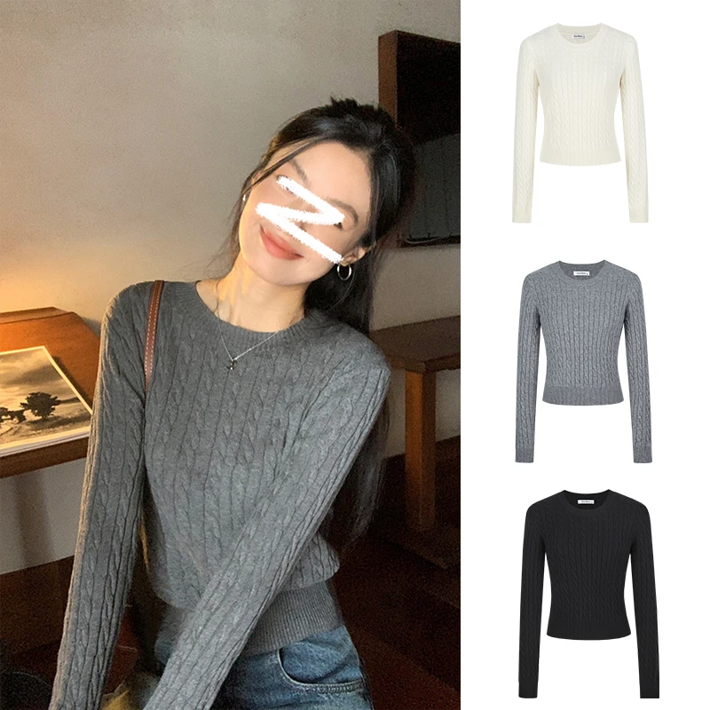 Moses Queen/魔西女王麻花针织衫短款复古叠穿圆领套头毛衣上衣