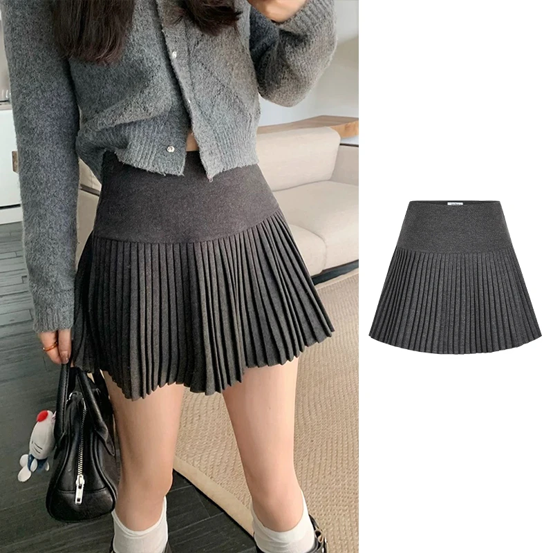 Moses Queen/魔西女王百褶裙毛呢短裙防走光A字半身裙灰色高腰裙