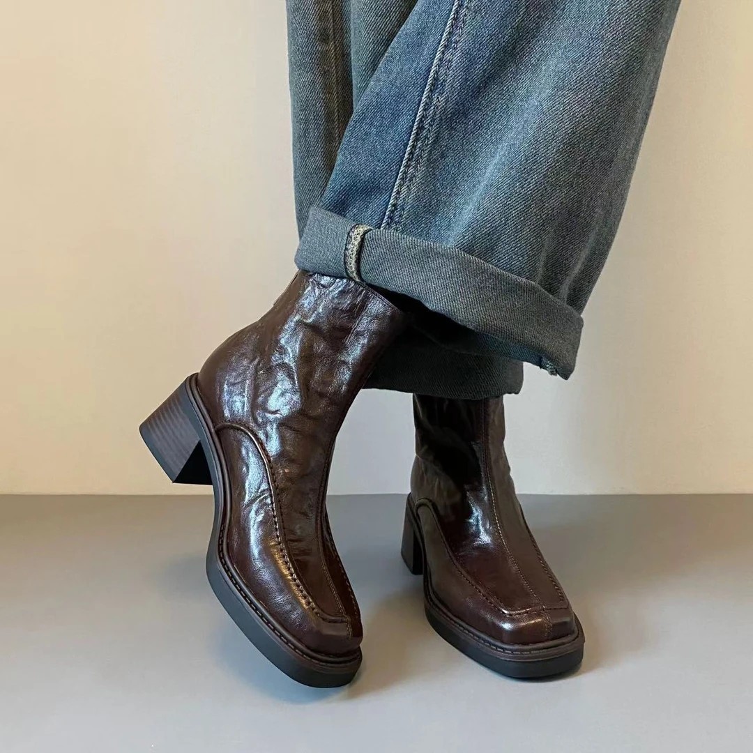 时尚厚底短靴女2025秋冬季新款法式方头防水台粗跟不累脚切尔西靴