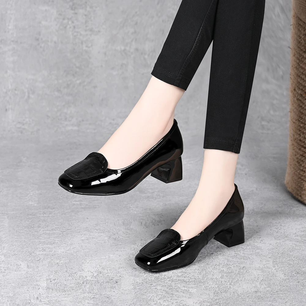 方头舒适单鞋女春夏季粗跟小皮鞋夏款中跟女鞋漆皮乐福鞋 BR 5055