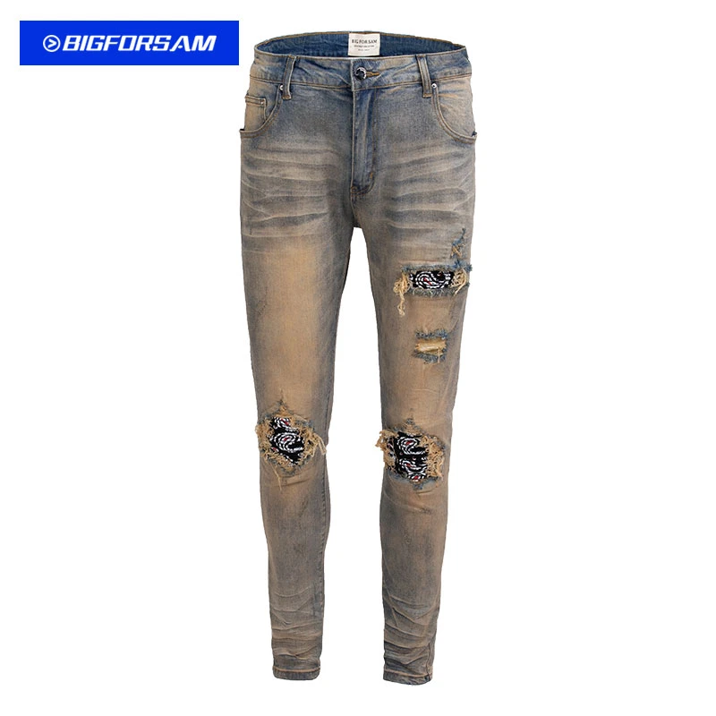 BIG FOR SAM黄泥脏腰果花破洞牛仔裤男高街欧美嘻哈做旧小脚裤潮