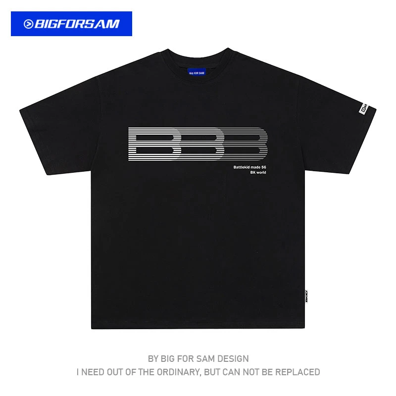 BIGFORSAM渐变跑道图形短袖国潮牌潮流美式情侣夏季宽松半袖t恤男