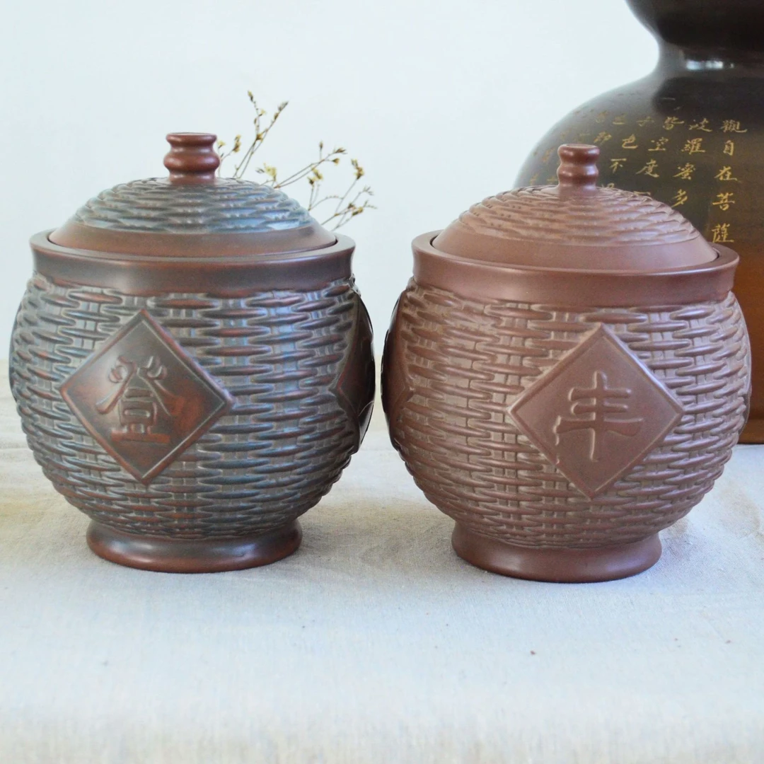 【五谷丰登竹编罐1斤装】【微手工痕迹】坭兴陶茶叶罐存茶罐醒茶罐