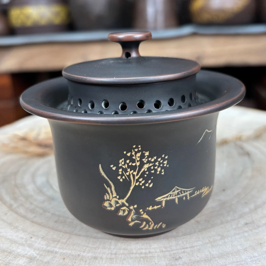 【新式金钟盖碗220cc】 坭兴陶盖碗手抓盖碗手抓壶纯手工复古不烫手