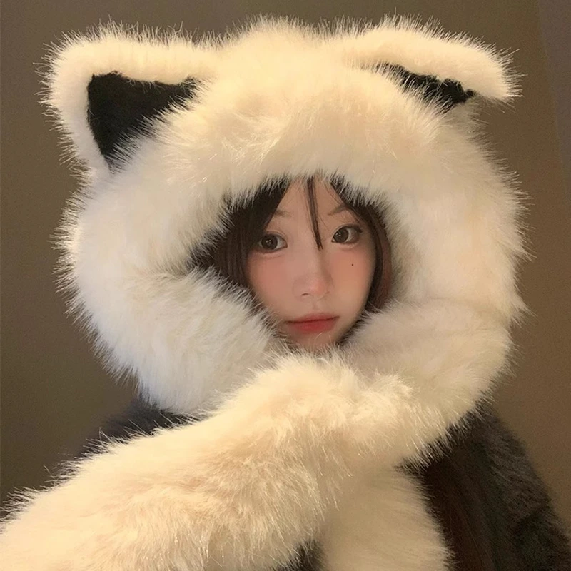 秋冬季加厚毛绒绒狐狸耳朵帽子围巾一体防寒保暖雷锋帽护颈显脸小