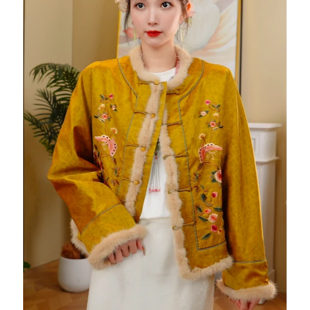 【经典传承】毛领丝棉服新中式老钱风重工刺绣上衣2024d6899艾敏