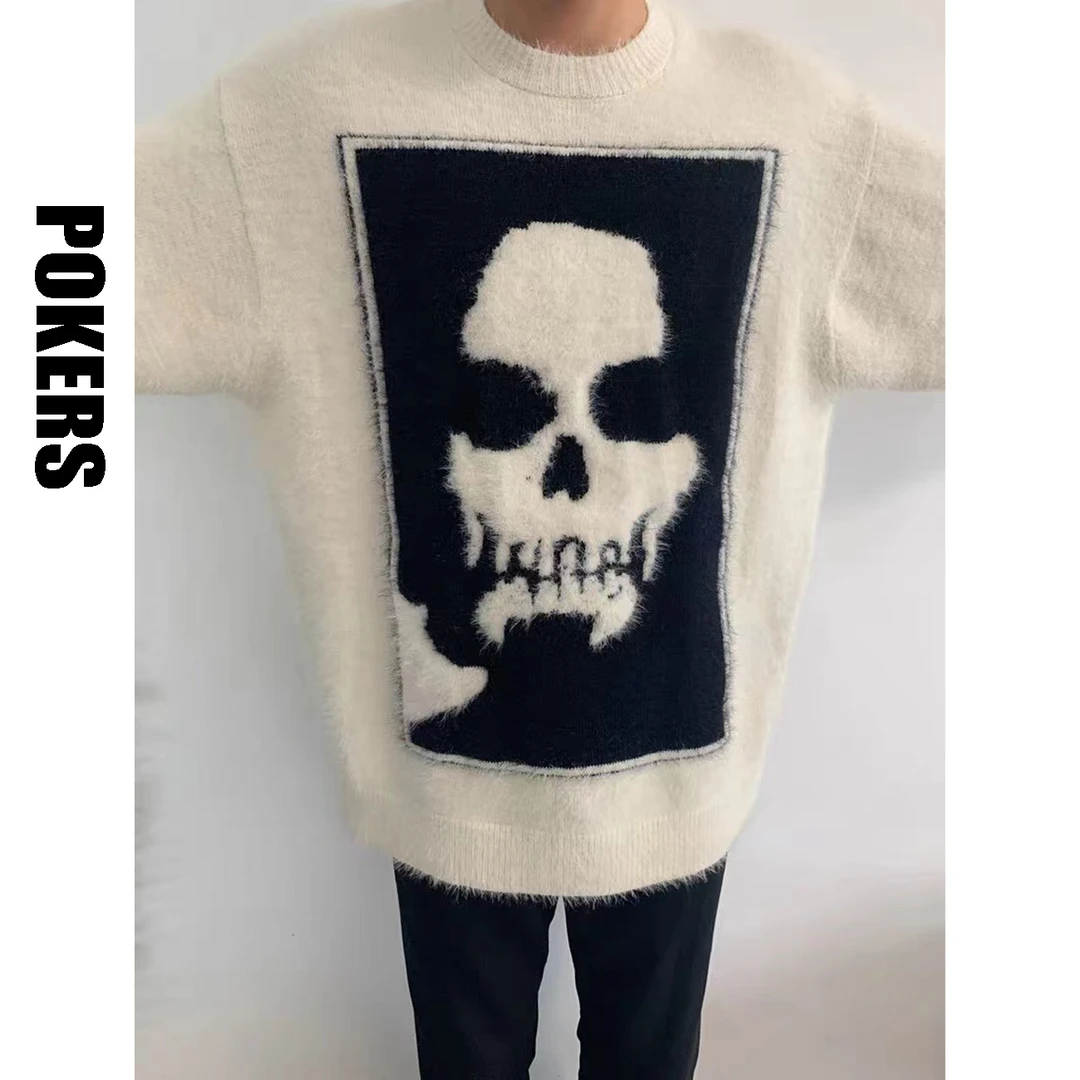 「POKERS」现货！2022FW.2.0 skull小众原创马海毛骷髅头提花毛衣