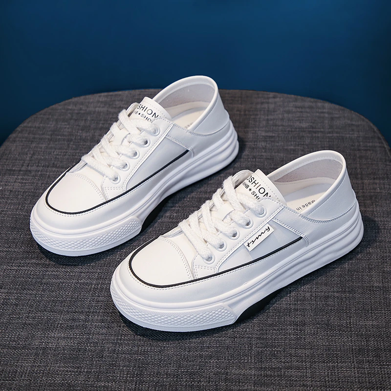 真皮小白鞋韩版厚底百搭ins休闲板鞋圆头透气四季款学生款