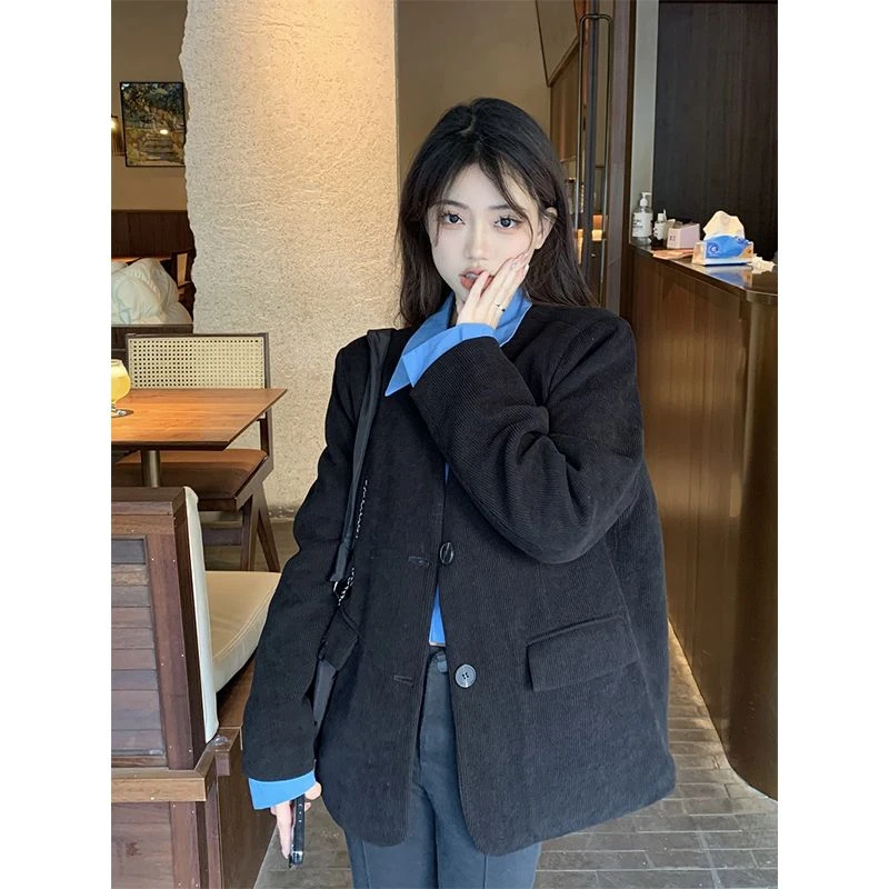 假两件垫肩西装外套女秋季2023新款灯芯绒拼接polo领宽松长袖上衣