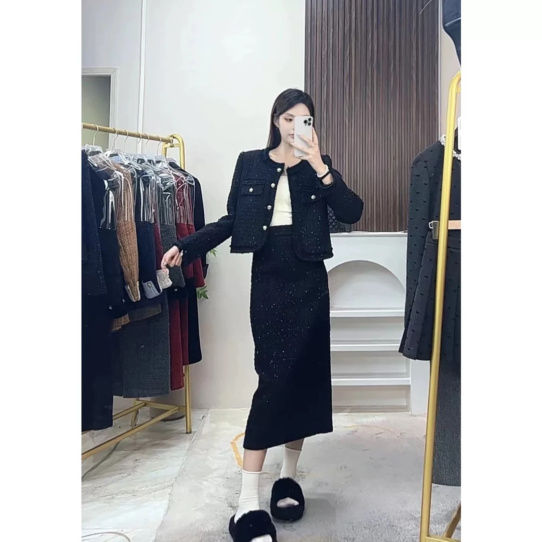 2025早春长裙一套搭配小香风套装女短款外套高腰A字裙两件套