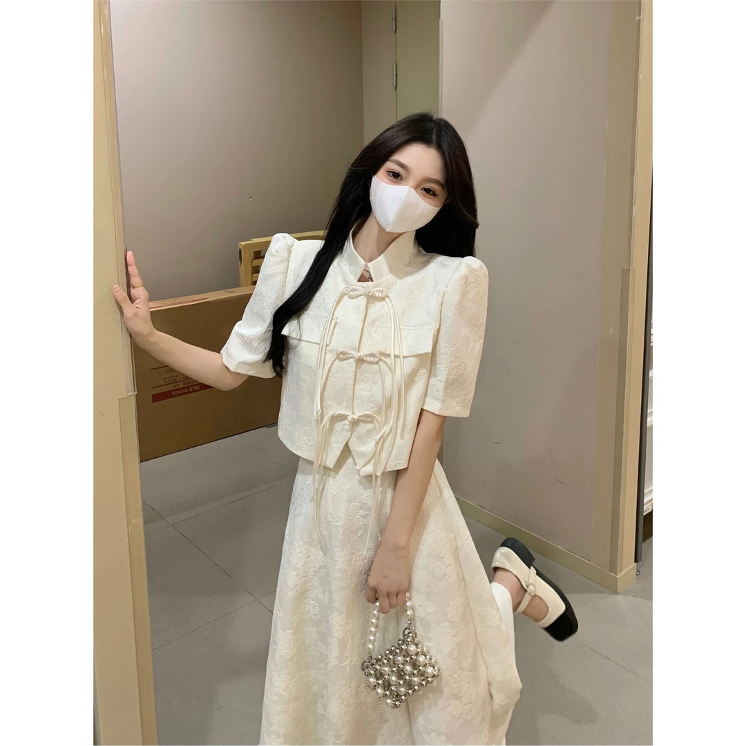 新中式国风套装女2024夏季新款盘扣短款上衣高腰显瘦半身裙2321