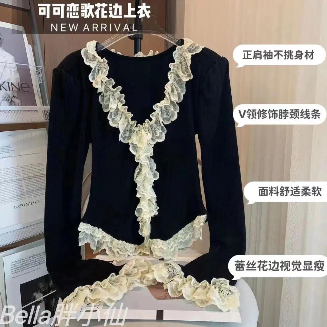 胖小仙<可可恋歌>入秋花边针织套头上衣温柔气质女神甜美遮肉显瘦