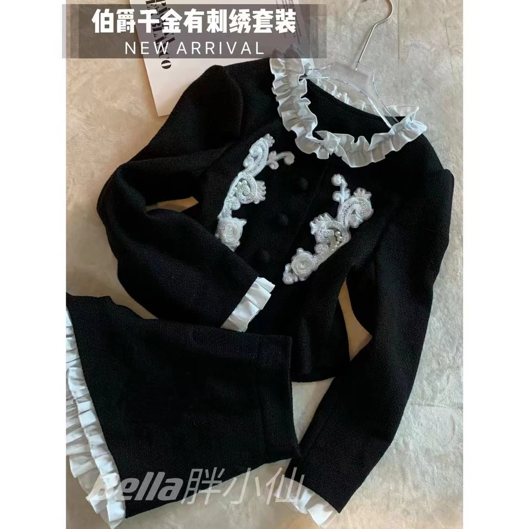 胖小仙<伯爵千金>大码撞色法式小香风裤子套装微胖显瘦大码重工