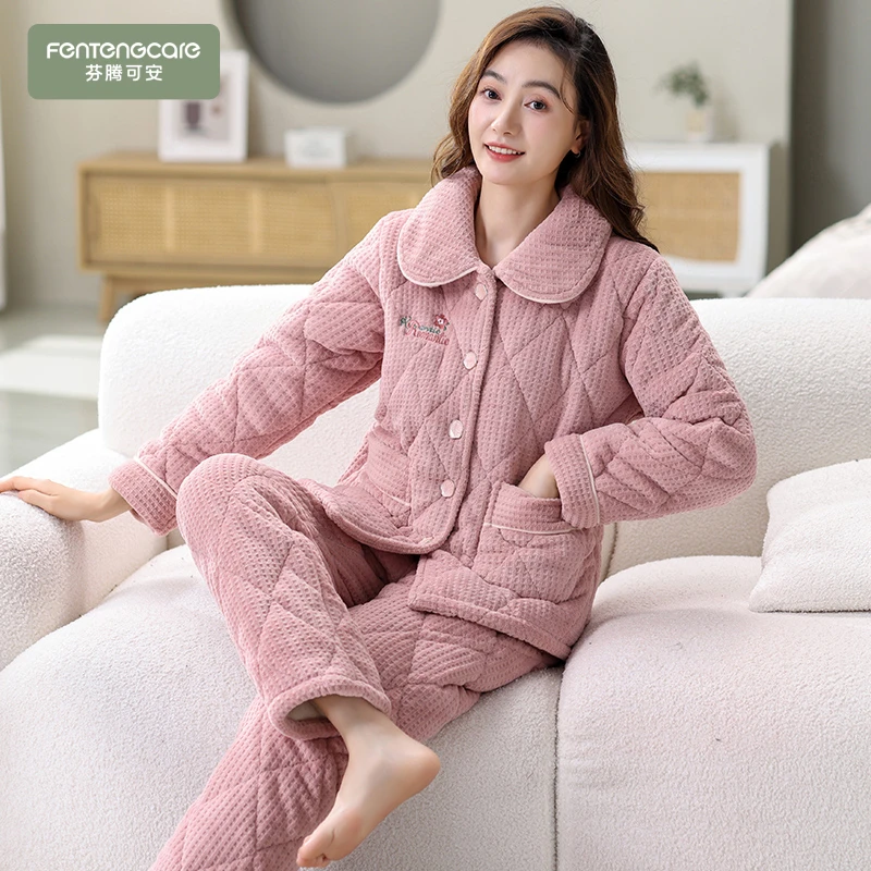 芬腾可安秋冬季中年妈妈睡衣女珊瑚绒夹棉袄三层加厚保暖大码套装