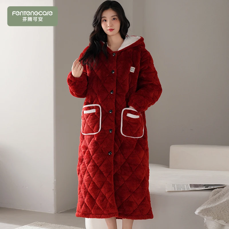 芬腾可安睡袍女冬珊瑚绒三层加厚加绒夹棉睡衣纽扣浴袍长款家居服