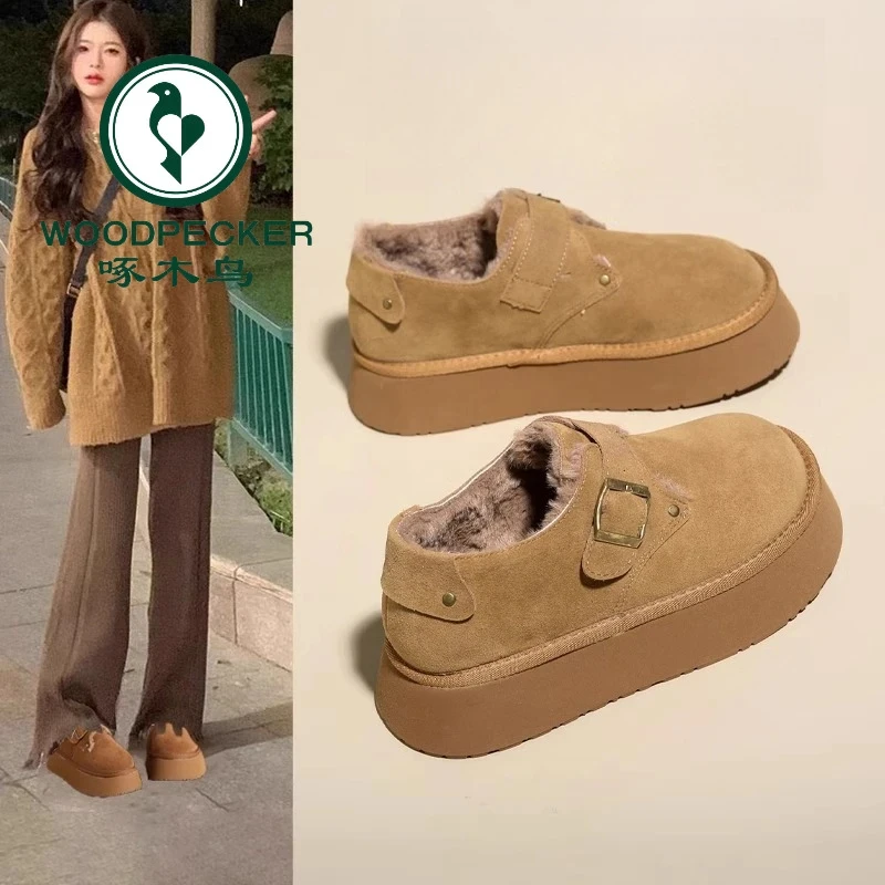 啄木鸟厚底豆豆鞋女秋冬季加绒女款乐福棉鞋2025新款一脚蹬勃肯鞋