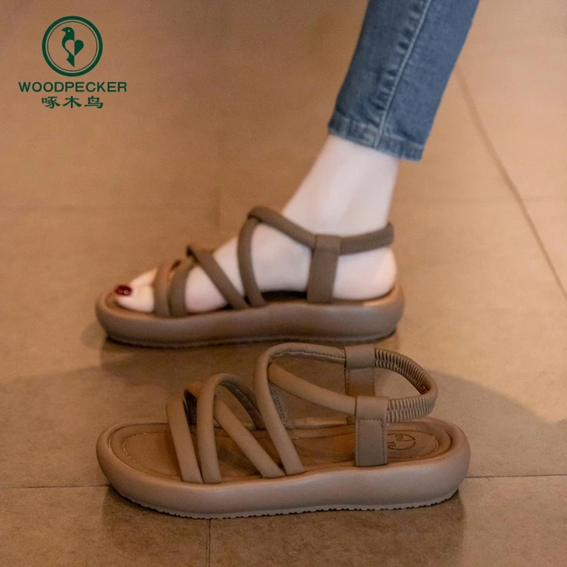 啄木鸟绝美厚底罗马凉鞋女2025夏季新款休闲百搭时尚软底沙滩鞋子
