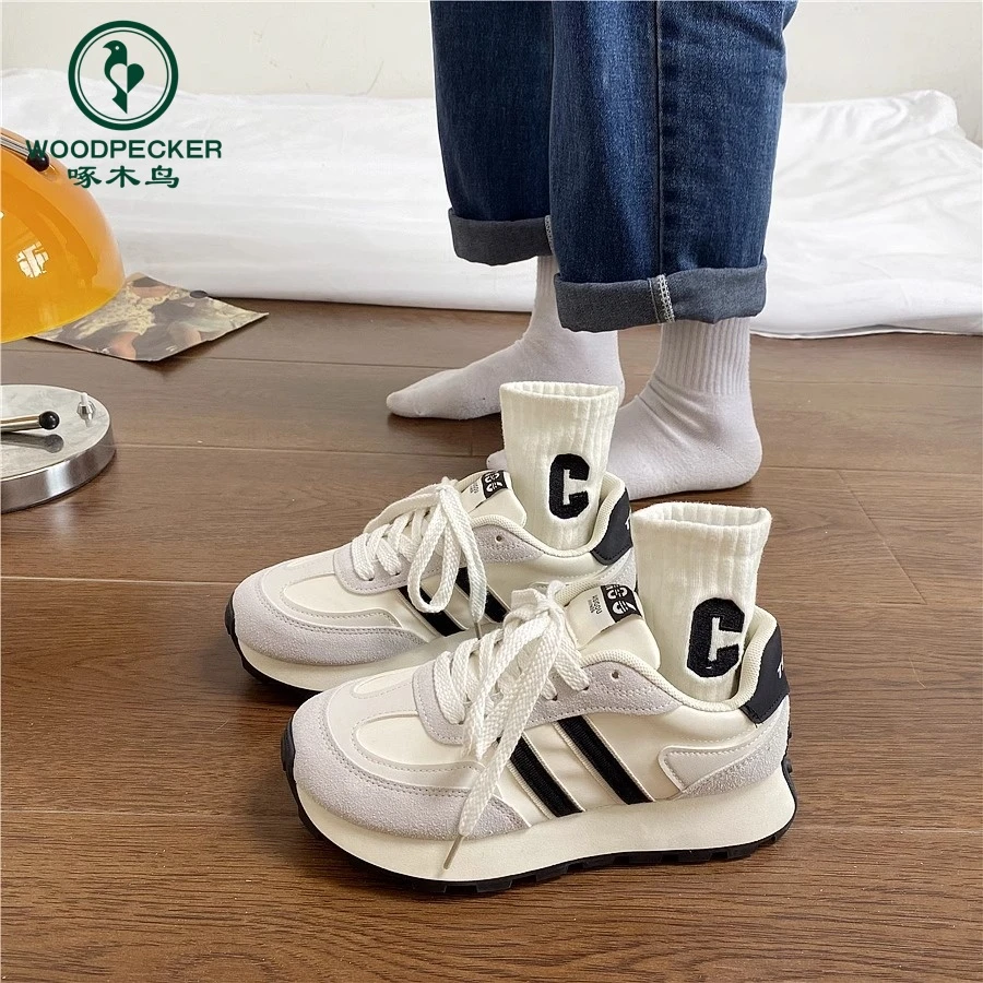 啄木鸟港风厚底增高显脚小老爹鞋女ins超火百搭2025秋季华夫鞋子