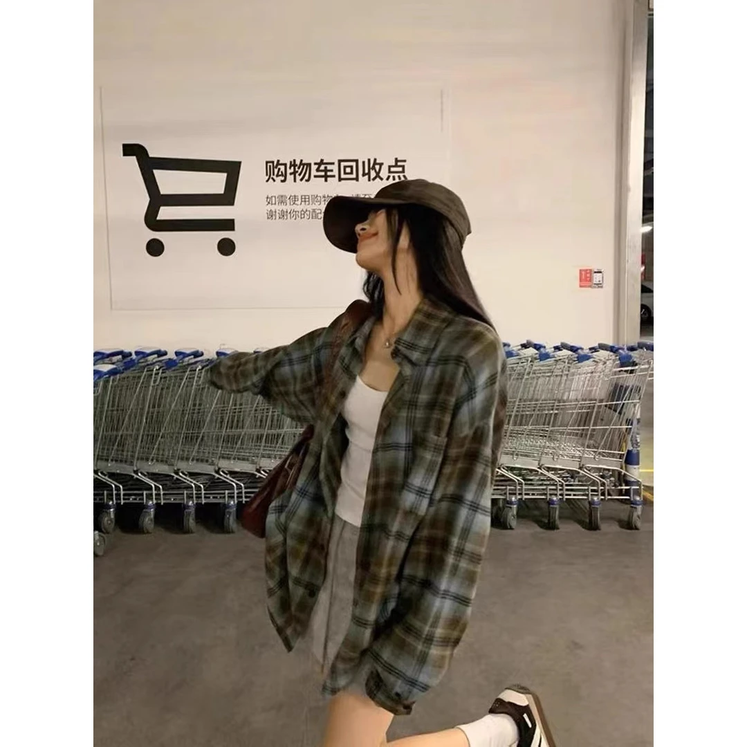 港味宽松显瘦慵懒风薄款衬衫春款设计感格子衬衫复古小众外套