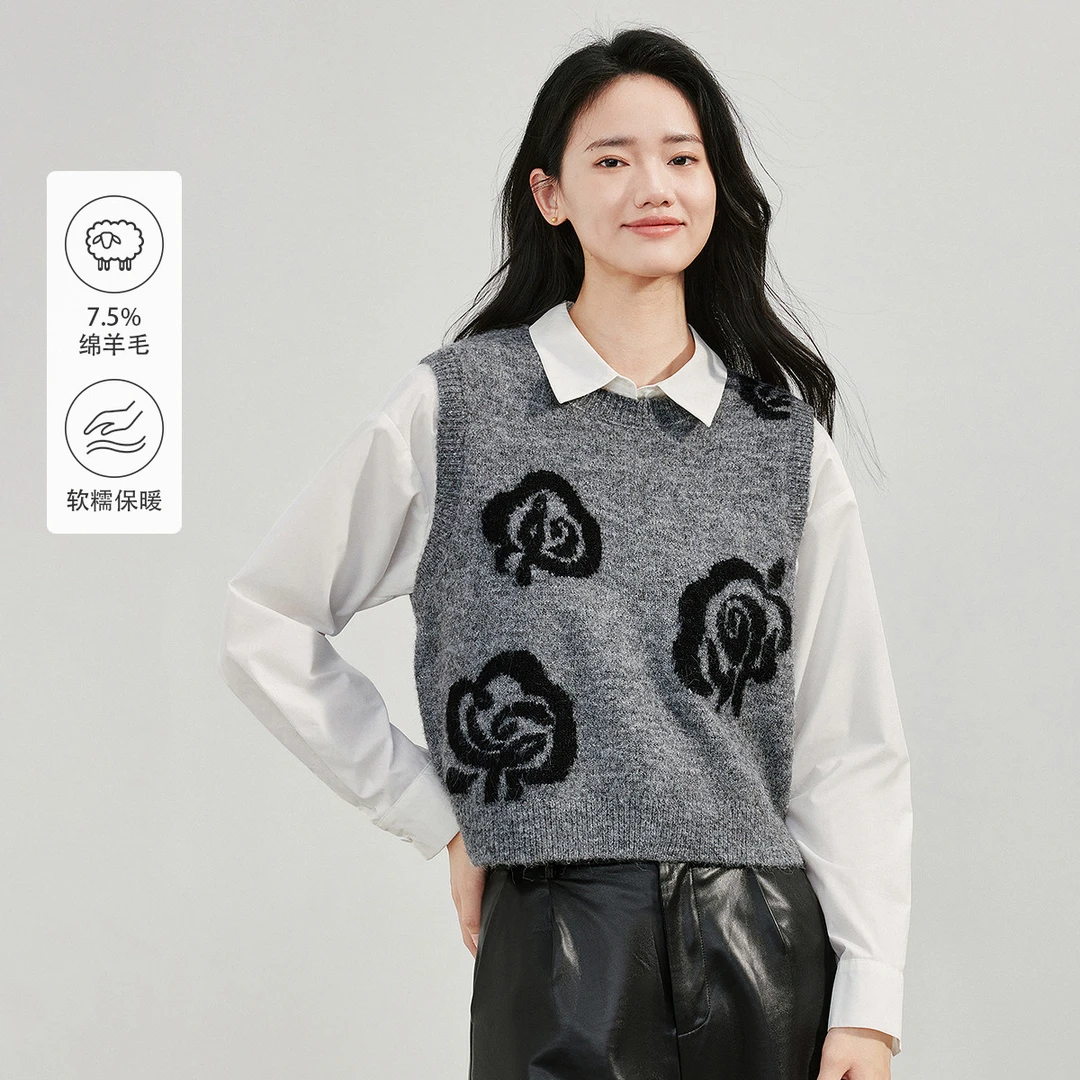 茵曼冬季女毛针织衫上衣毛衣新款短款圆领宽松套头慵懒长毛休闲