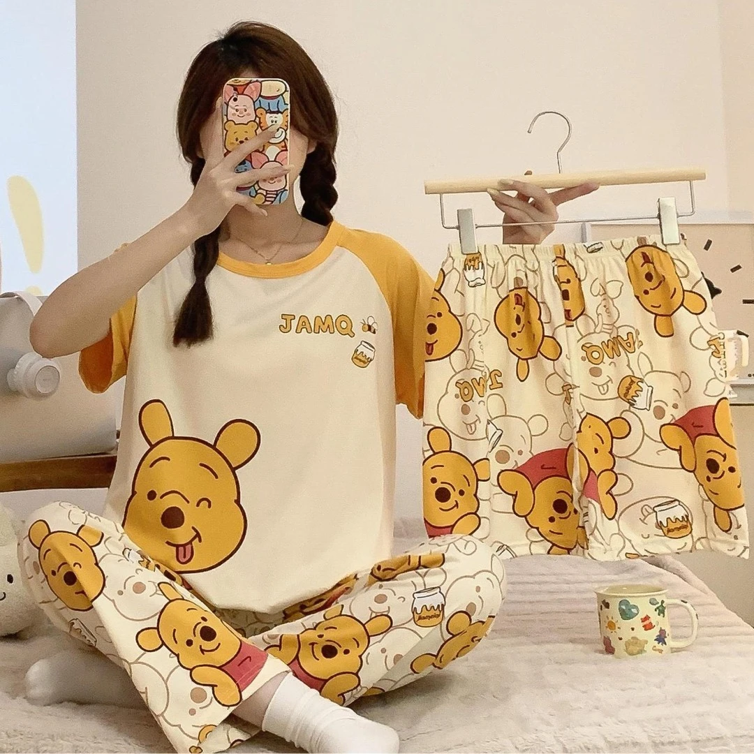 睡衣女三件套夏季短袖薄款宽松夏天卡通甜美少女休闲家居服套装T