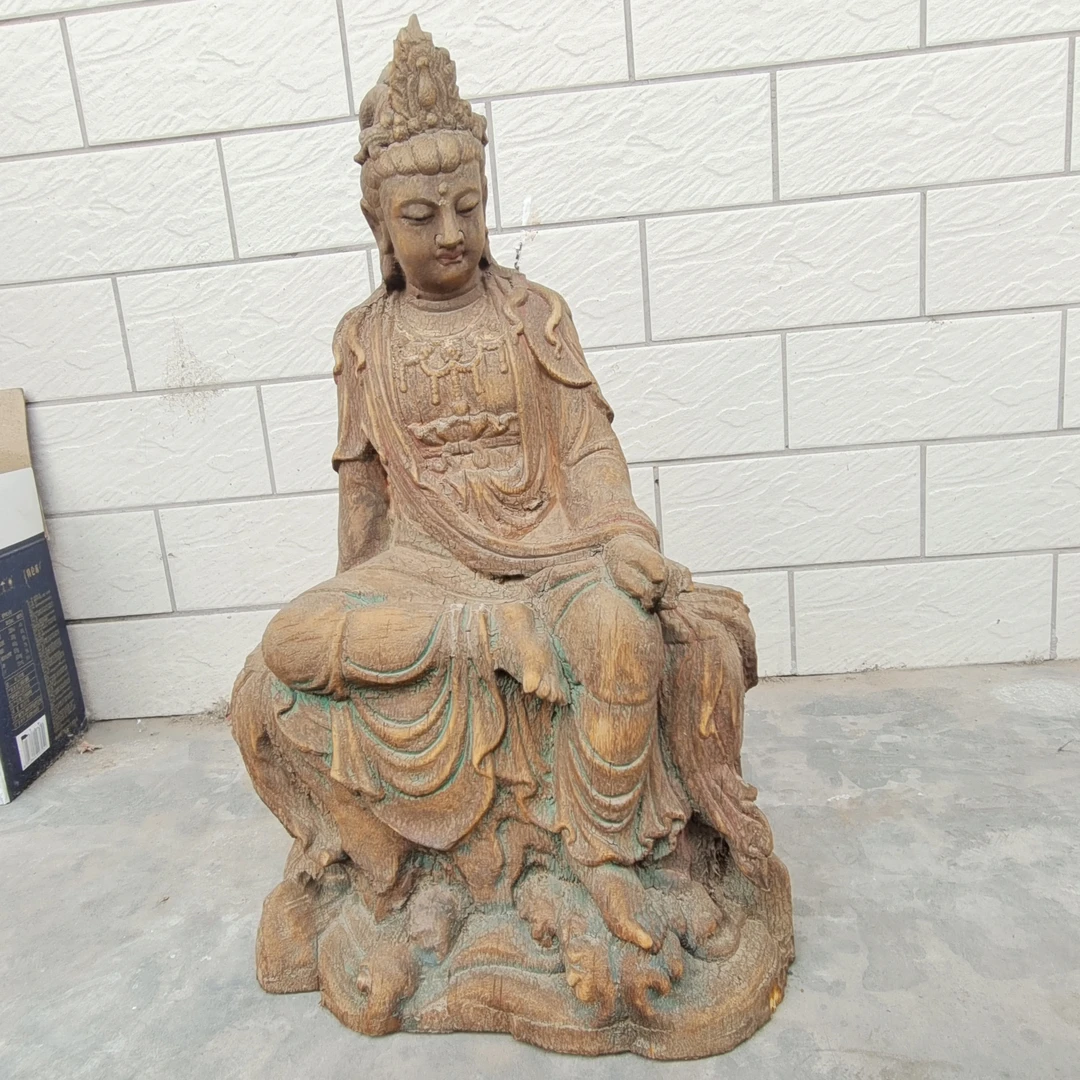 木雕佛像素色原木色坐山自在观音菩萨像高50厘米