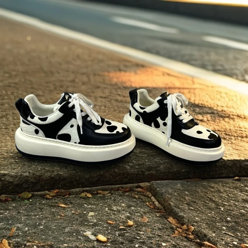 赫图客秋季新款胎牛毛秋冬季熊猫运动鞋厚底复古防滑圆头运动鞋