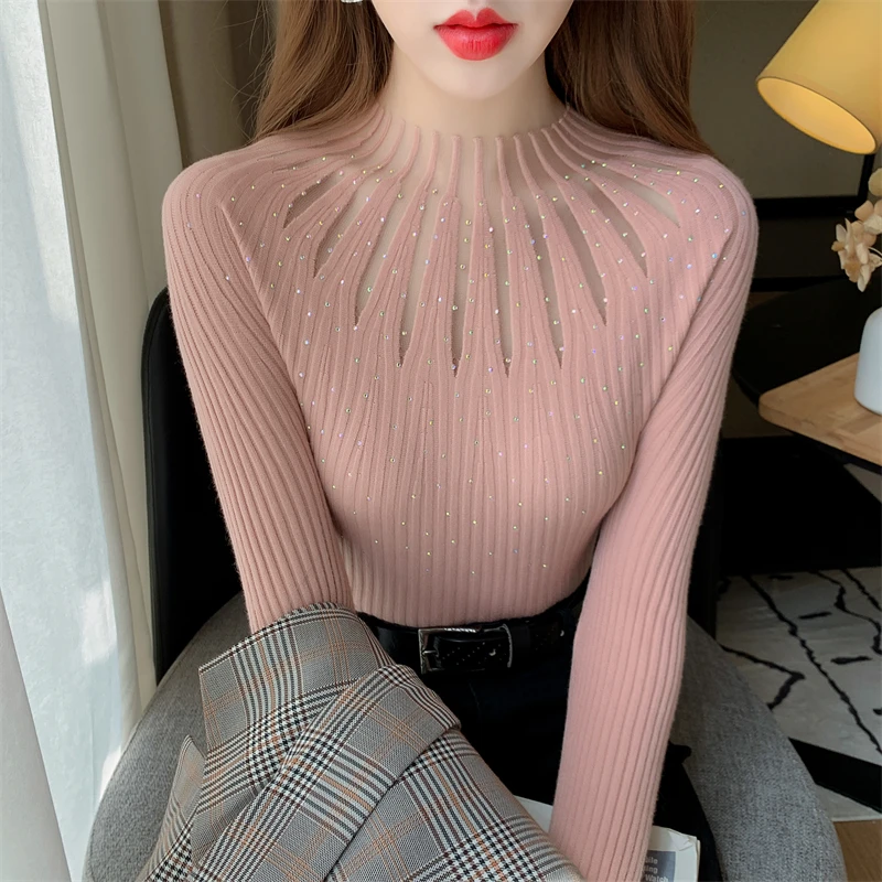 时尚镶钻半高领针织衫女修身长袖打底衫秋冬内搭义乌打底衫女