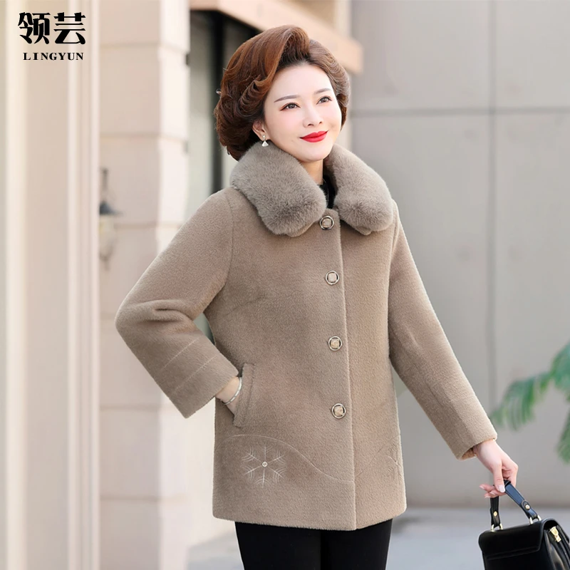 新款妈妈冬季加绒加厚仿水貂绒外套中长款中老年女装秋冬毛呢大衣