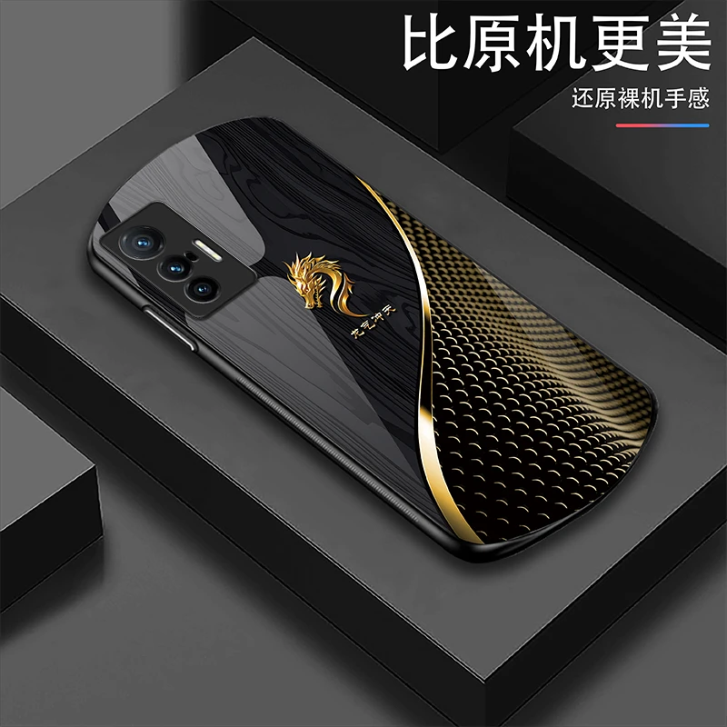 适用【vivoX70】定制优雅木纹龙气冲天弧形玻璃防摔手机壳