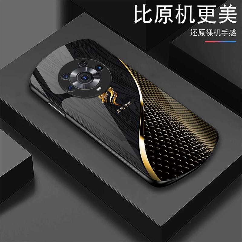 适用【荣耀Magic4】定制优雅木纹龙气冲天弧形玻璃防摔手机壳