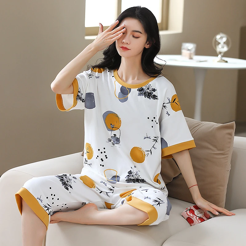 【新店福利价100%纯棉】睡衣女夏短袖七分裤圆领家居服两件套套装