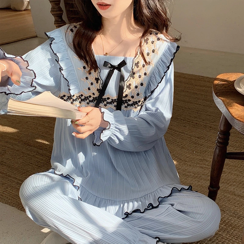 秋季高级睡衣2023韩风甜美睡衣女秋季长袖长裤提花舒适休闲家居服