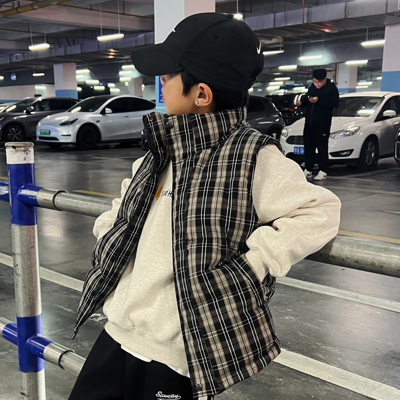 【DY946】2024冬装男童复古格子棉马甲儿童保暖马甲背心中大童坎肩