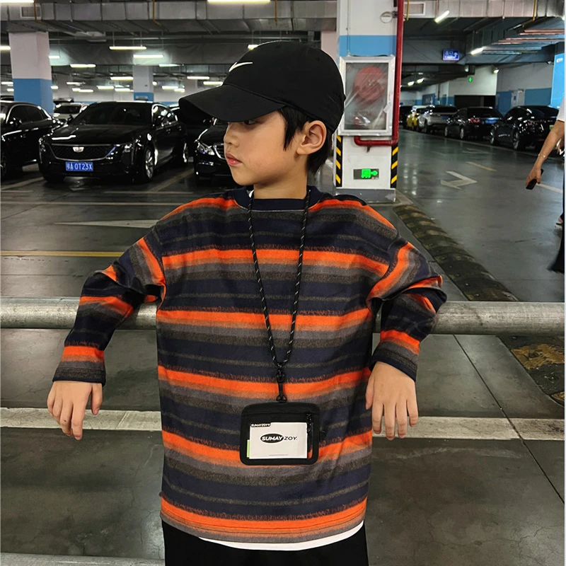 【DY923】2024秋冬男童圆领条纹加绒卫衣儿童宽松上衣中大童长袖潮
