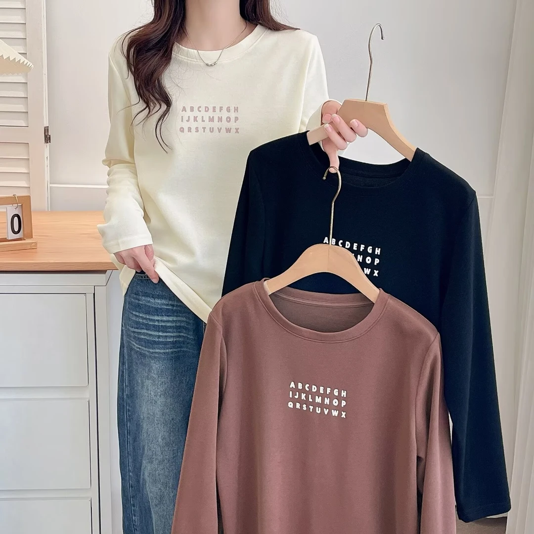 大码女装胖MM秋季字母休闲长袖显瘦T恤宽松百搭圆领弹力打底上衣