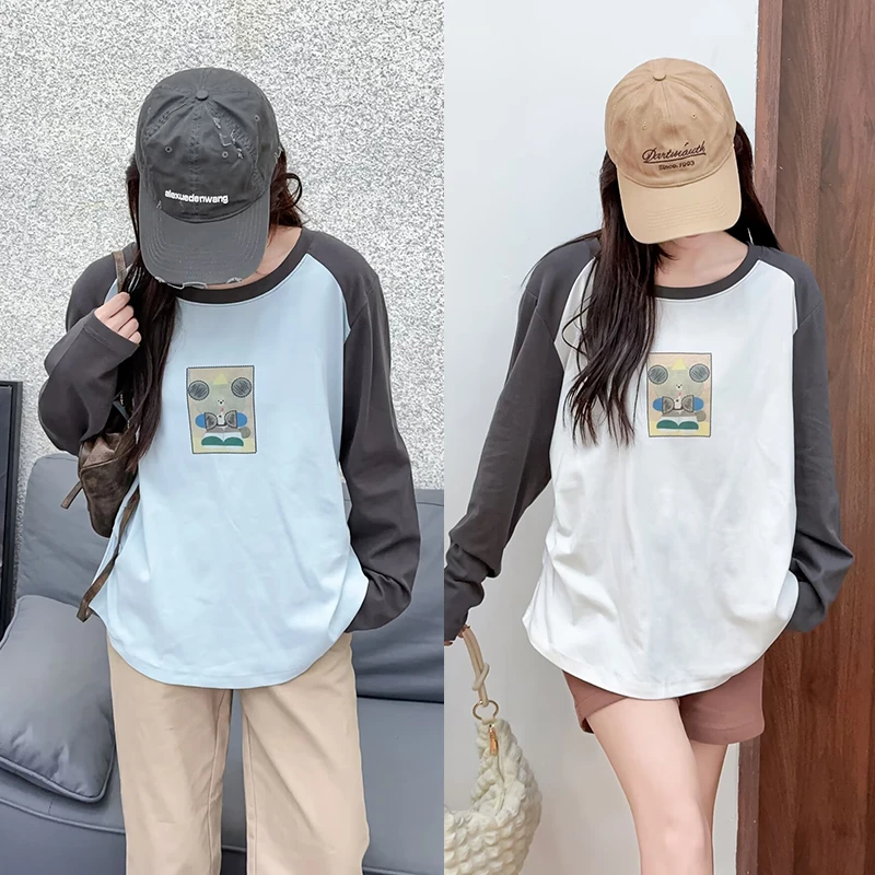 大码女装胖MM时尚休闲印花显瘦长袖T恤秋季遮肉显瘦收腰打底衫