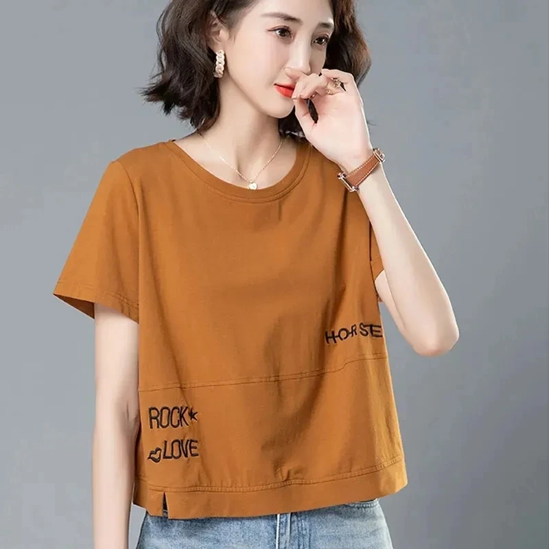 中年妈妈棉质t恤短袖女短款2024年新款夏季大码宽松遮肚圆领上衣