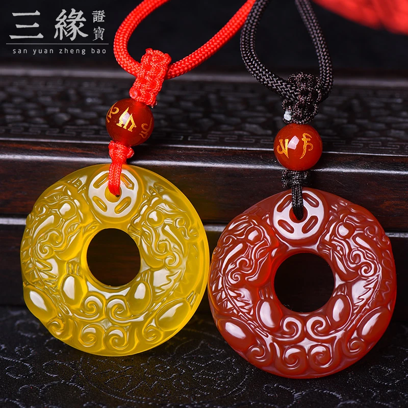 红玛瑙双貔貅平安扣吊坠黄玉髓皮丘挂坠情侣水晶项链男女饰品礼物