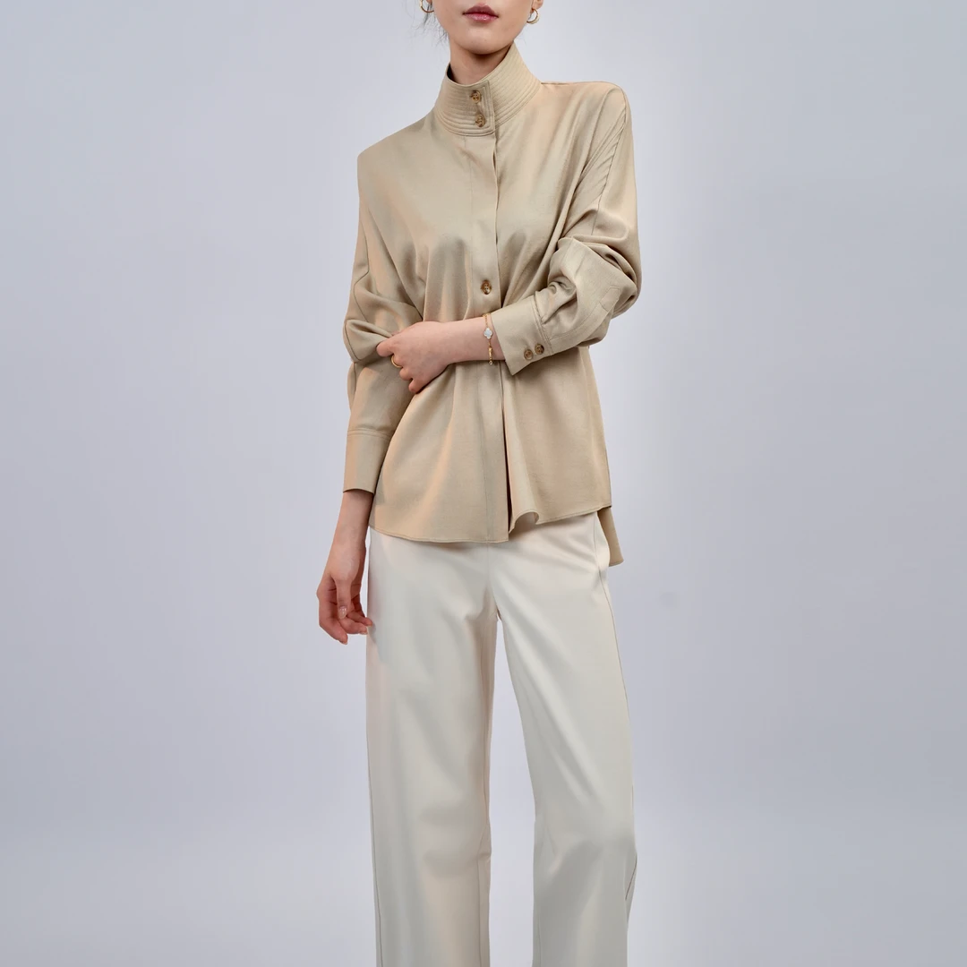 CRANE“Lp家”经典老钱风立领棉麻纯色连肩袖系带衬衣 简约 百搭FS