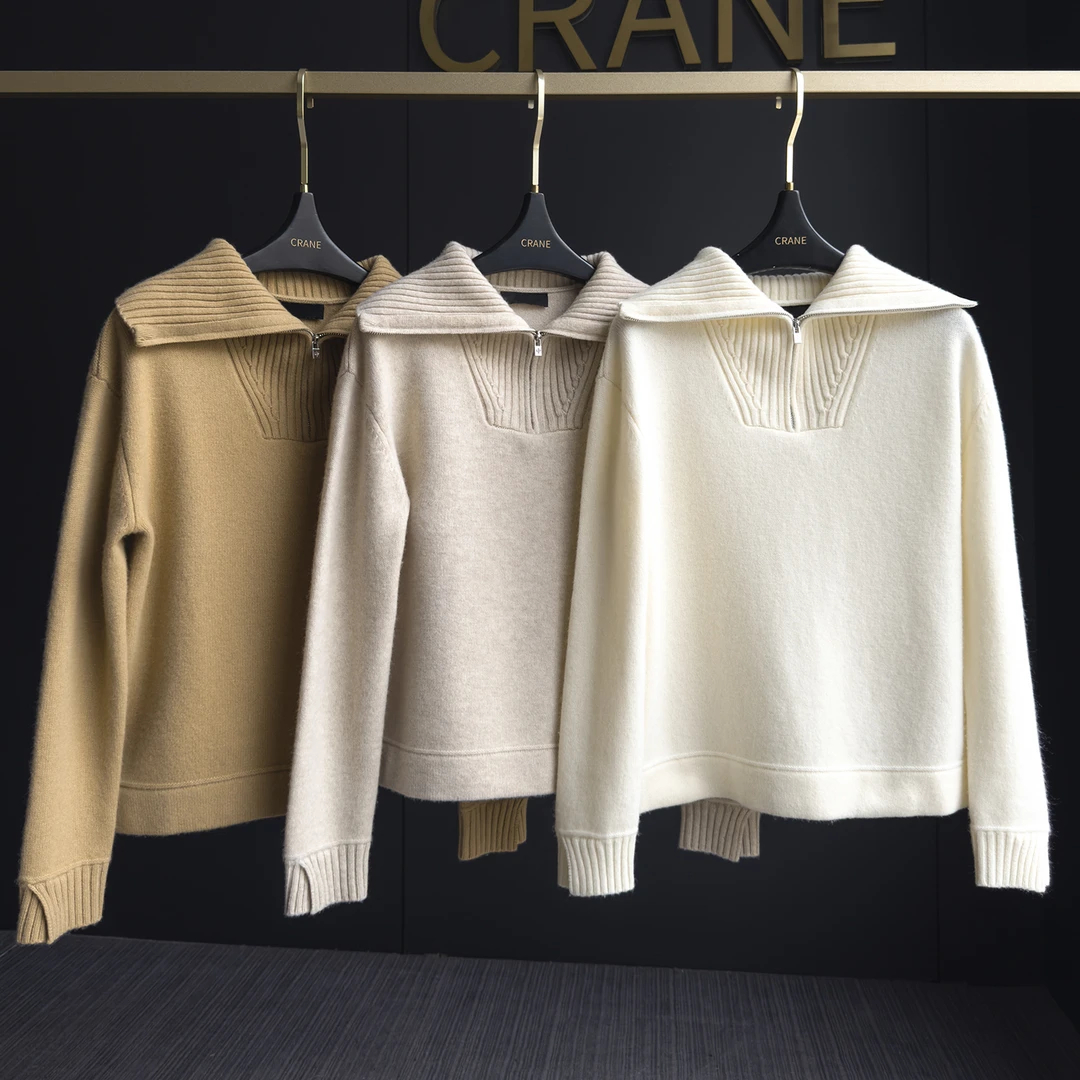 CRANE 100羊绒高级感拉链毛衣2024秋冬新款高领舒适百搭
