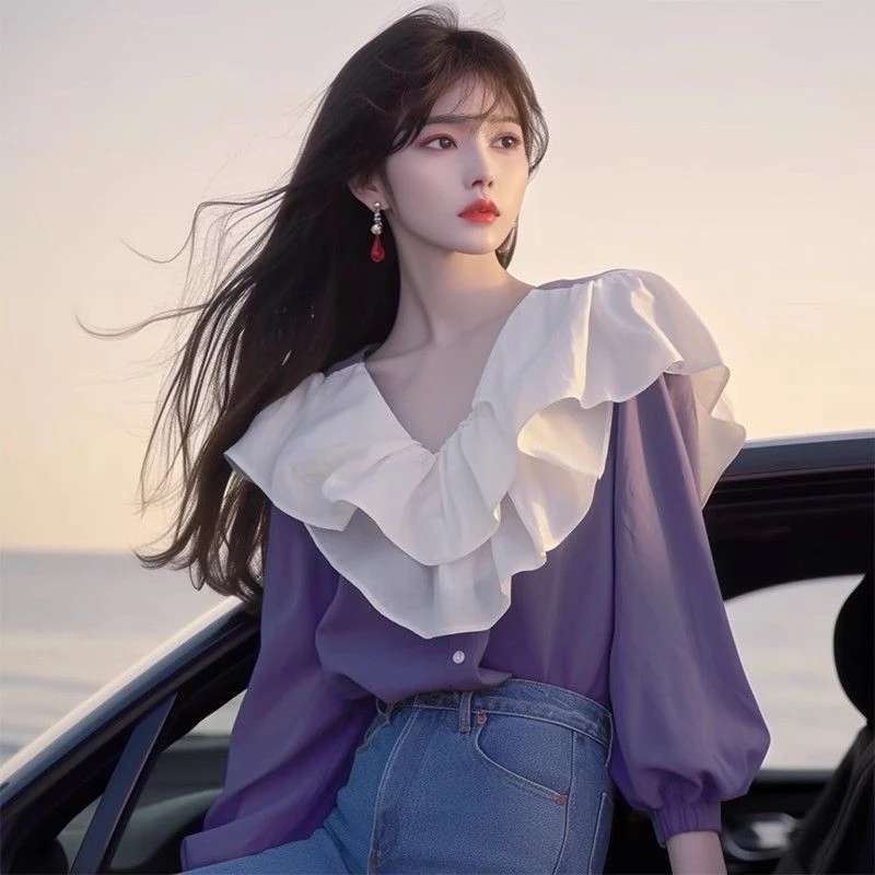 早秋新款别致漂亮宽松小衫法式独特学院风通勤蓝色长袖衬衫上衣女