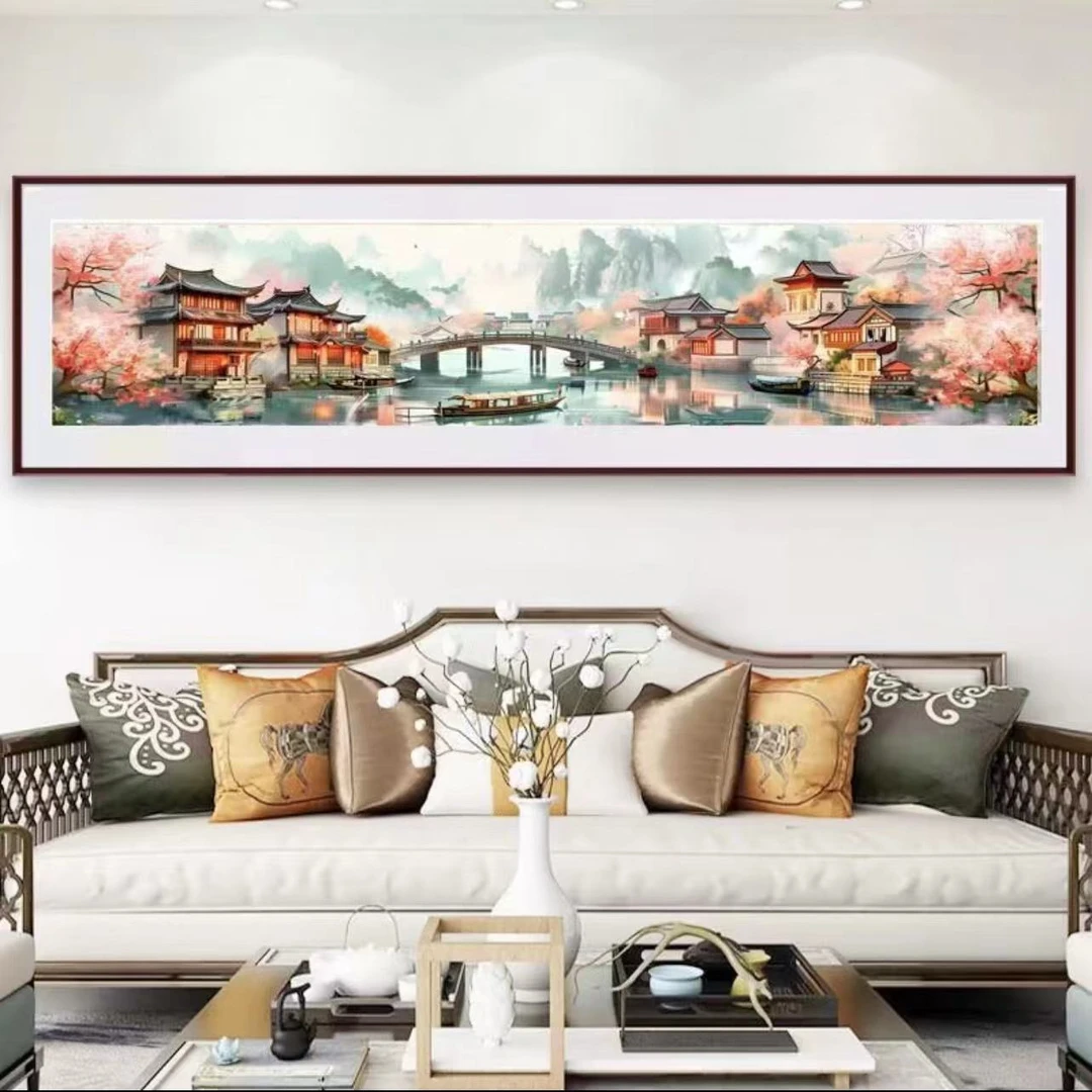 十字绣83654江南水乡如画，大格尺寸50x 215中格45X176金丝布